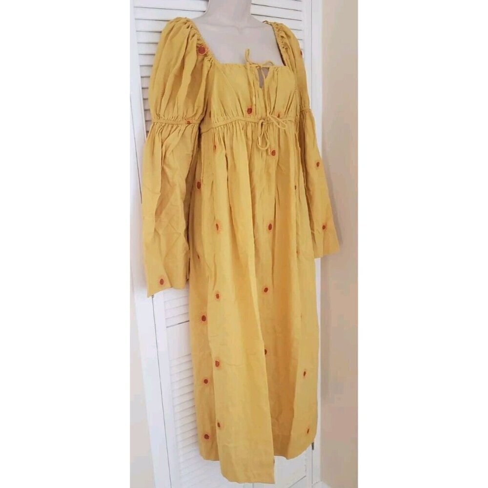 NEW FREE PEOPLE EMORY YELLOW FLOWER EMBROIDERED LONG SLEEVE MIDI DRESS SZ SMALL - Picture 7 of 12